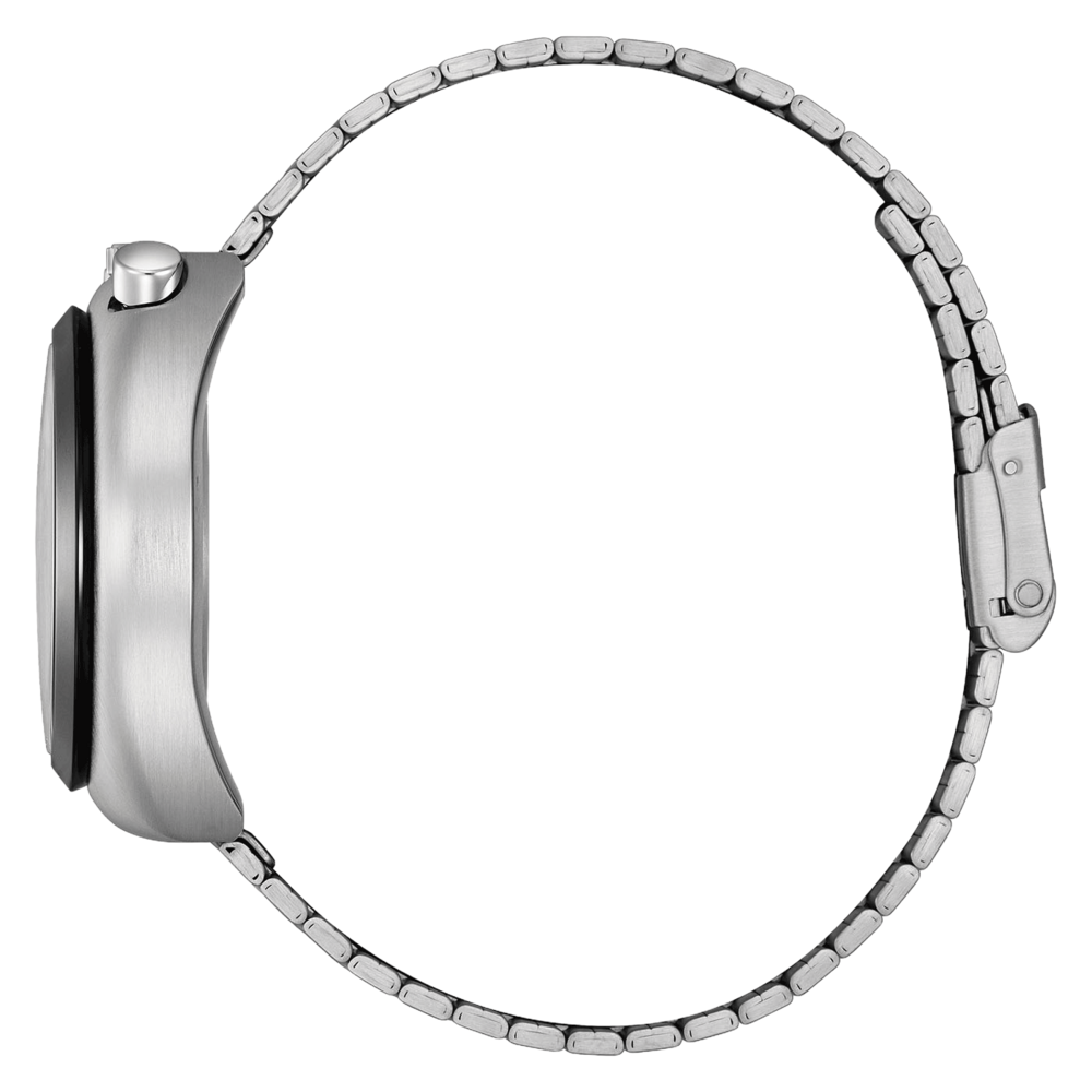 Bracelet de montre argenté, vue de côté, matériau en acier inoxydable.