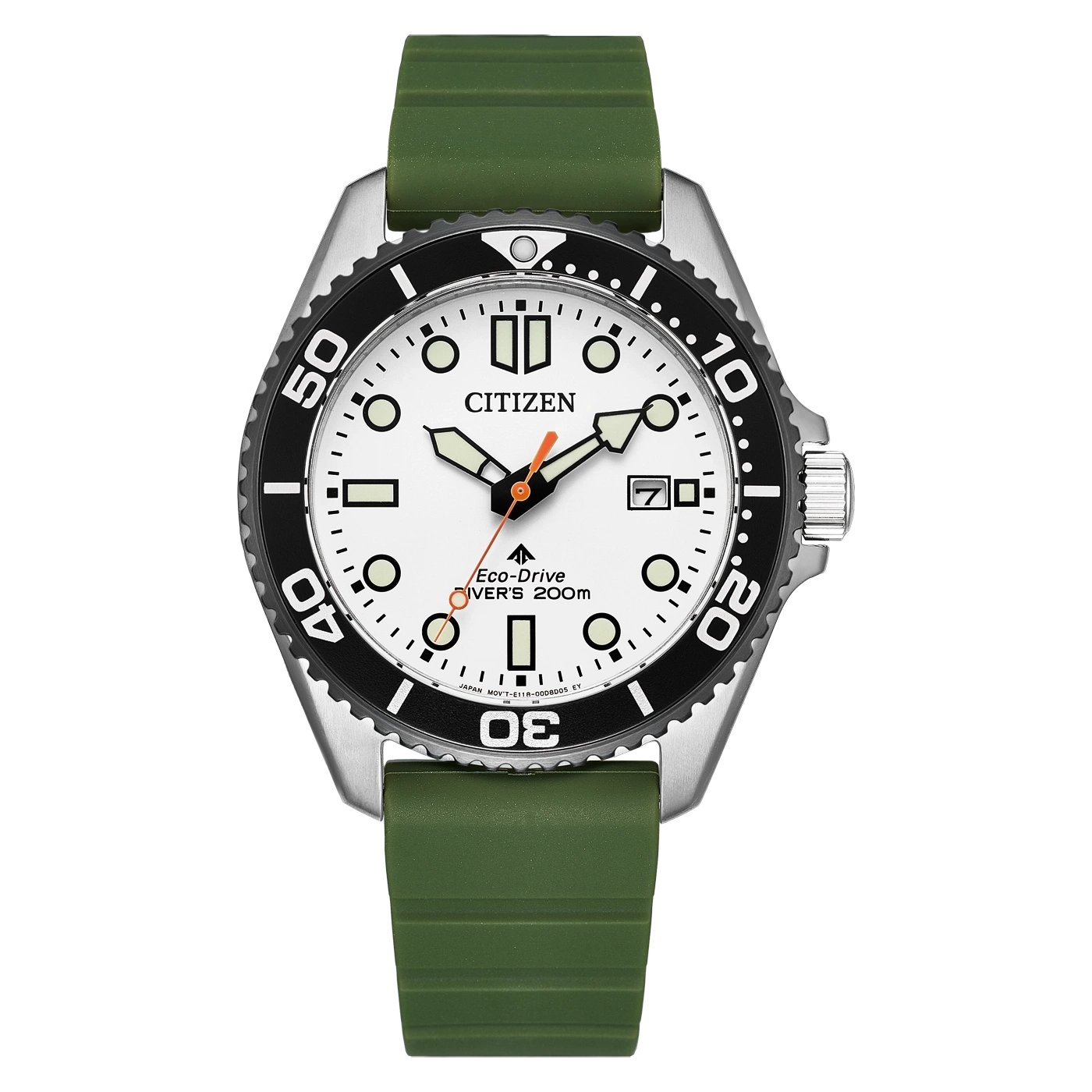 Montre Citizen Eco-Drive avec bracelet vert et cadran blanc.
